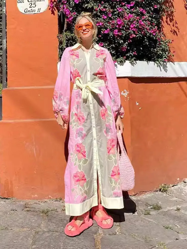 Fashionable floral symmetrical printed long skirt for women fashionable lapel puff single breasted dress womens split sleeved shirt robe 240828