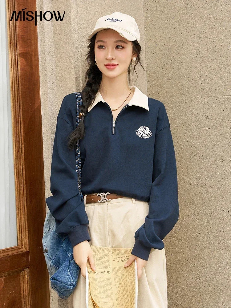 MISHOW Graphic Print Sportswear Womens Autumn Casual Polo Neck Long Sleeve American Embroidered Hoodie Pullover Top MXC52V0040 240827
