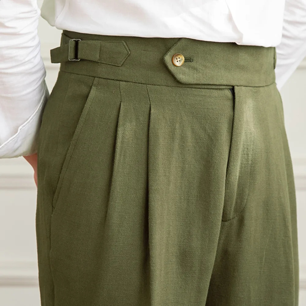Linen cotton high waisted straight casual pants for men vintage Neapolitan gentlemen pleated pants high-quality Italian dresses Trouser 240828