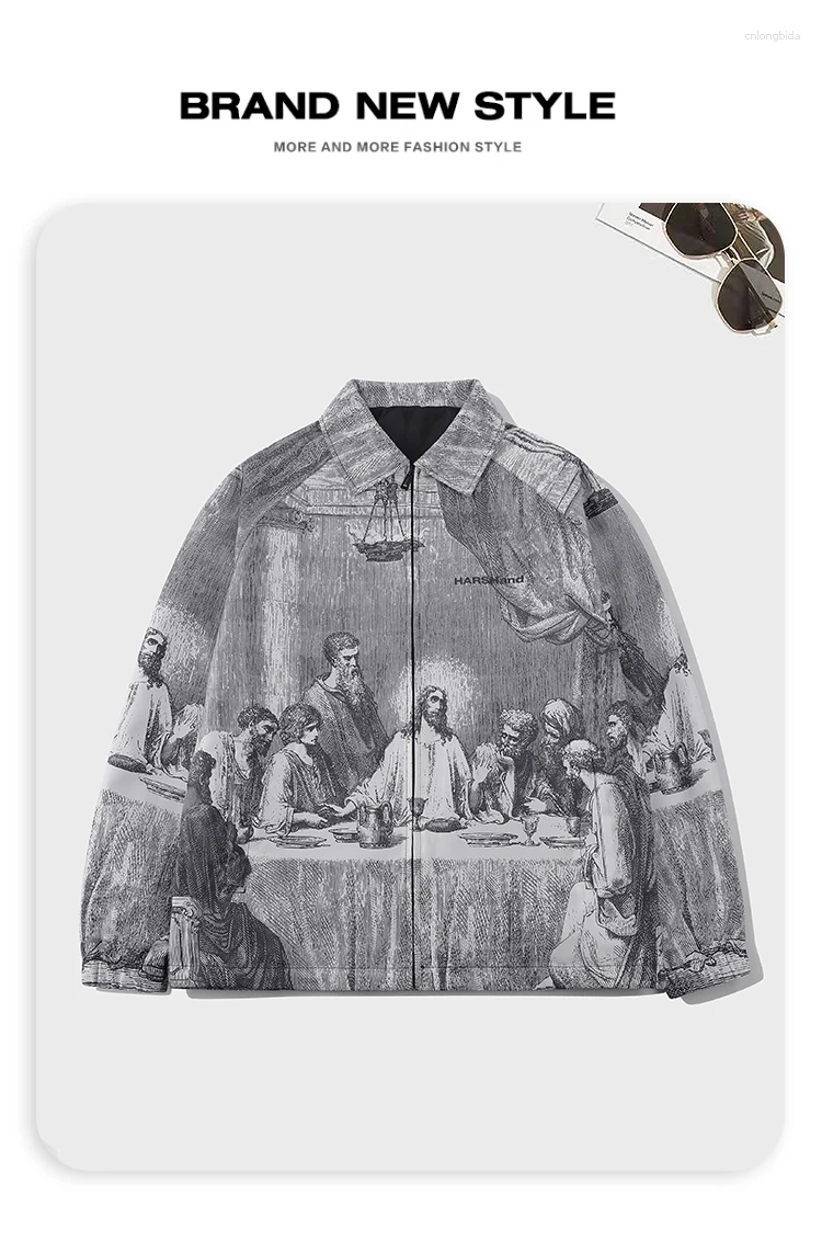 CNLONGBIDA Mens Jackets Oversized Shirts Mens Autumn Winter Painting Printing Couples Casual Male Female Silk Vintage Clothing Button Up