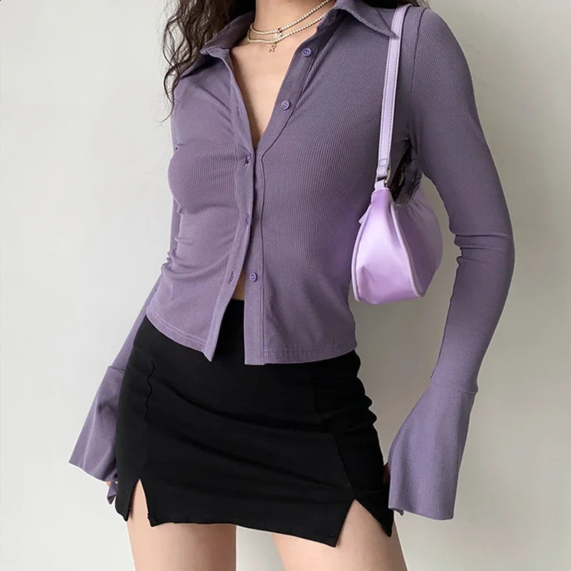 Purple polo collar long sleeved shirt womens retro elegant Y2k button spring autumn top cardigan 240827