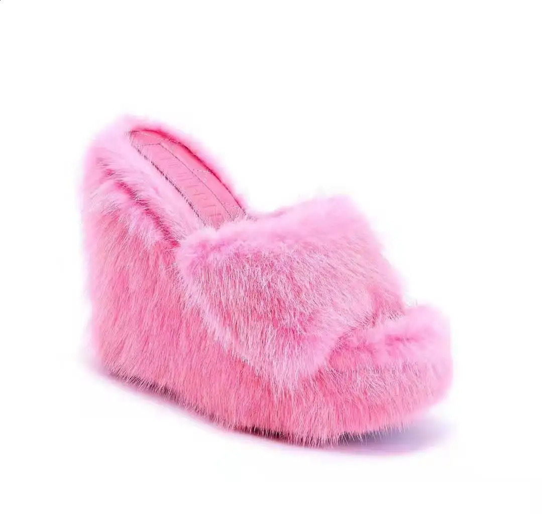 Autumn fur sandals plain wedge high-heeled sandals womens high-heeled fur dresses fashionable outdoor full matching shoes sandals 240827