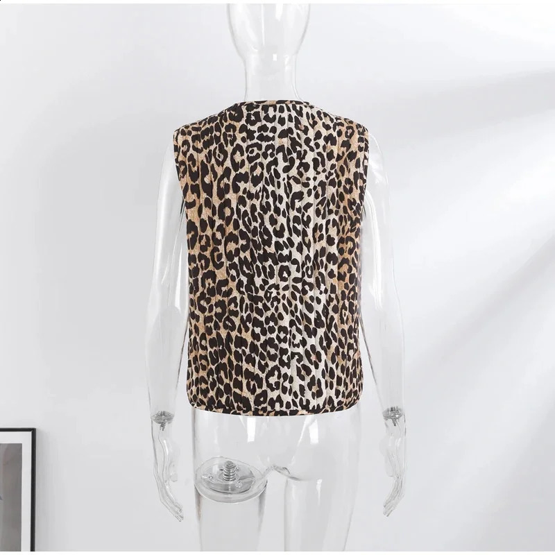 Lamuusaa Leopard Waistcoat y2k womens round neck sleeveless lace up top 2000s fashion streetwear 240828