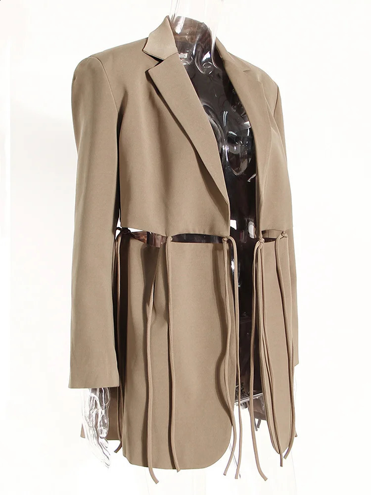 Womens khaki bandage hollow casual jacket style with loose fitting collar for spring and autumn 1DE9965 240827