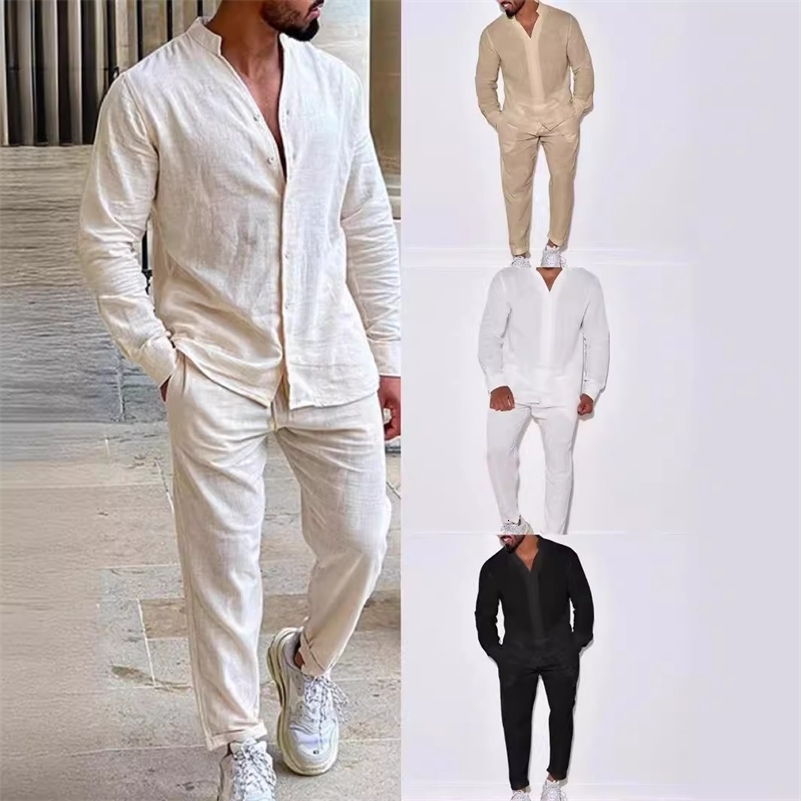 Mens set linen spring and autumn casual set long sleeved shirt and mens two-piece set fashionable mens selling comfort 240827