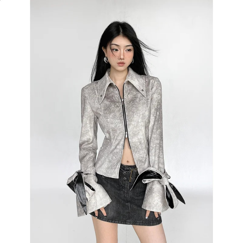 Womens gray shirt personalized summer fashion Y2K long sleeved fashion POLO collar womens clothing zipper top 240827