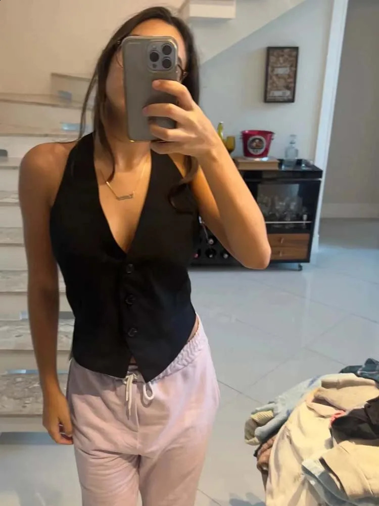 SIYANG Womens Fashion Black Backless Lace Top Retro Strap Collar Sleeveless Jacket Womens Fashion Womens Tank Top 240828