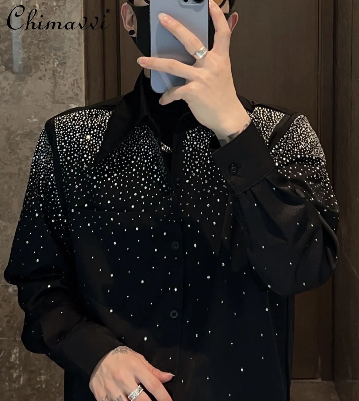 High-end Rhinestone Shirt Mens Long Sleeve Autumn Fashion Trendy Non-Ironing Casual Shirts Streetwear Mens Clothing