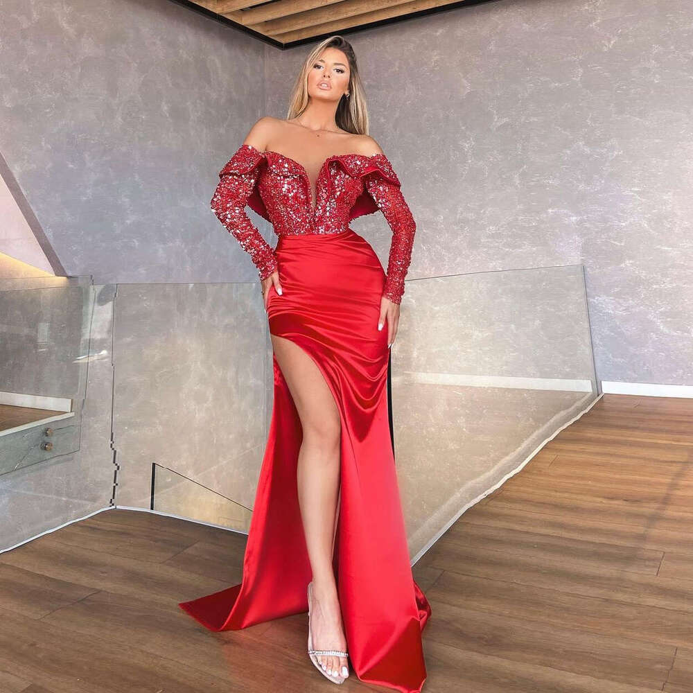 Sequins Sparkly Elegant Mermaid Dresses Long Sleeve Off The Shoulder High Split Women Party Night Gowns Custom Made
