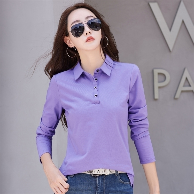 Autumn basic T-shirt long sleeved cotton plus size cotton polo T-shirt womens button casual office womens formal womens top 240827