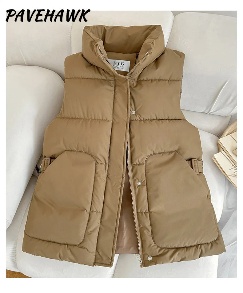 Womens sleeveless down vest autumn thick warm sleeveless jacket solid loose casual pocket zipper vest womens top 240828