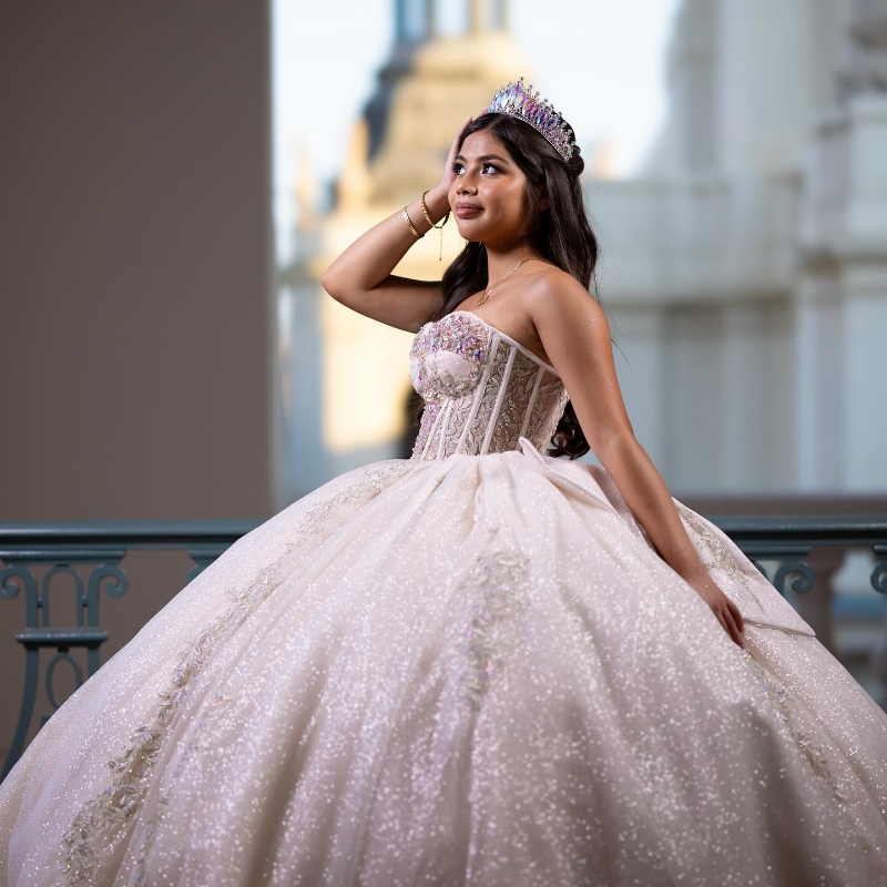 Ivory Princess Quinceanera Dresses Off Shoulder Gillter Lace Bow Beads Crystal Corset Tull Lace-up vestidos de 15 anos Sweet 16 Dress