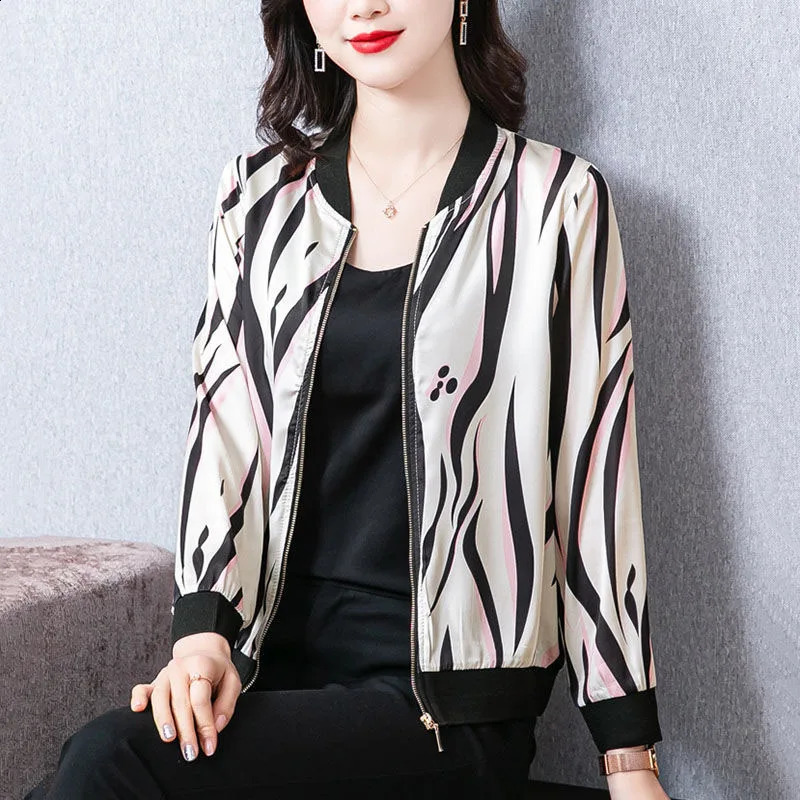 Spring/Summer Fashion Trend Silk Short Round Neck Printed Loose Edition Large Casual Jacket Long Sleeve Coat 240827