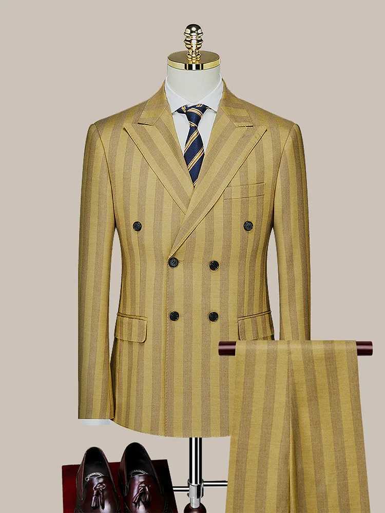 Double breasted mens suit yellow striped casual wedding dress spring/summer autumn Korean ultra-thin style business mens clothing daily wear M240828