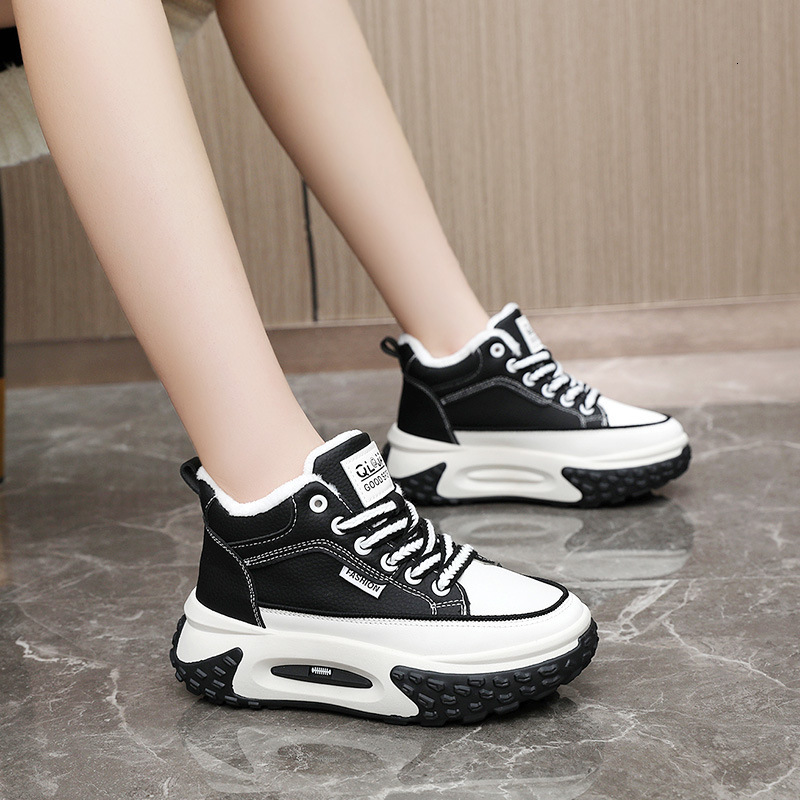 Ddmysports QJ New Velvet Women S Winter Mid Top Warmth Increase Thick Sole Casual Leather Spliced Cotton Shoes OUTDOOR