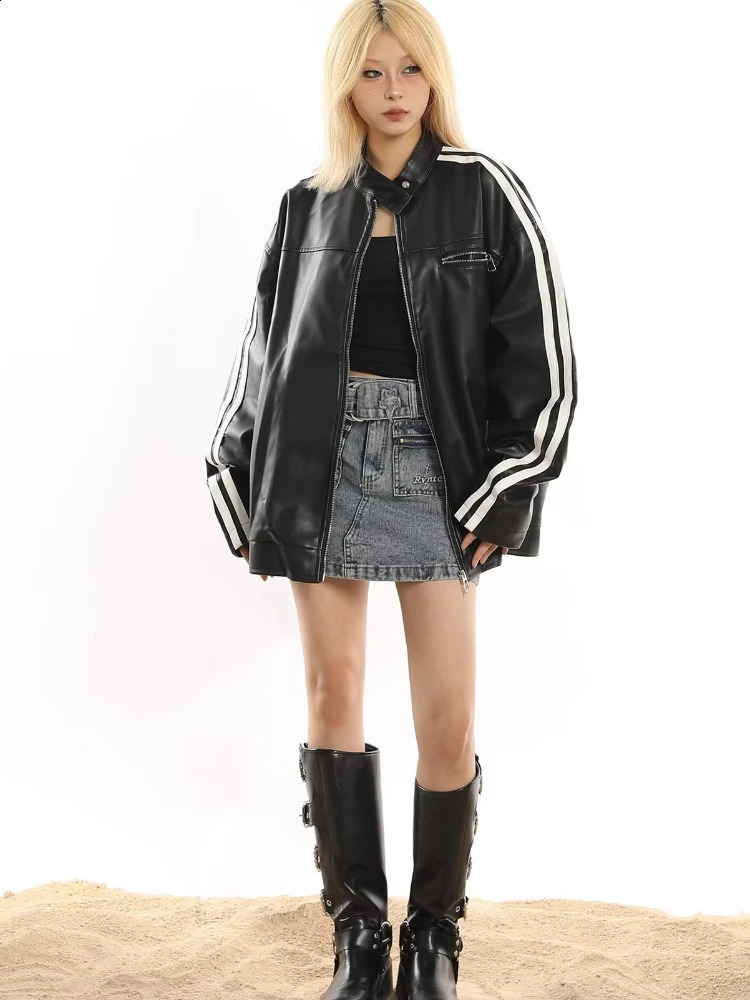 Womens Jacket Autumn American Retro Hip Hop Motorcycle Style Pu Leather Long Sleeve Contrastive Color Street Neutral 240827