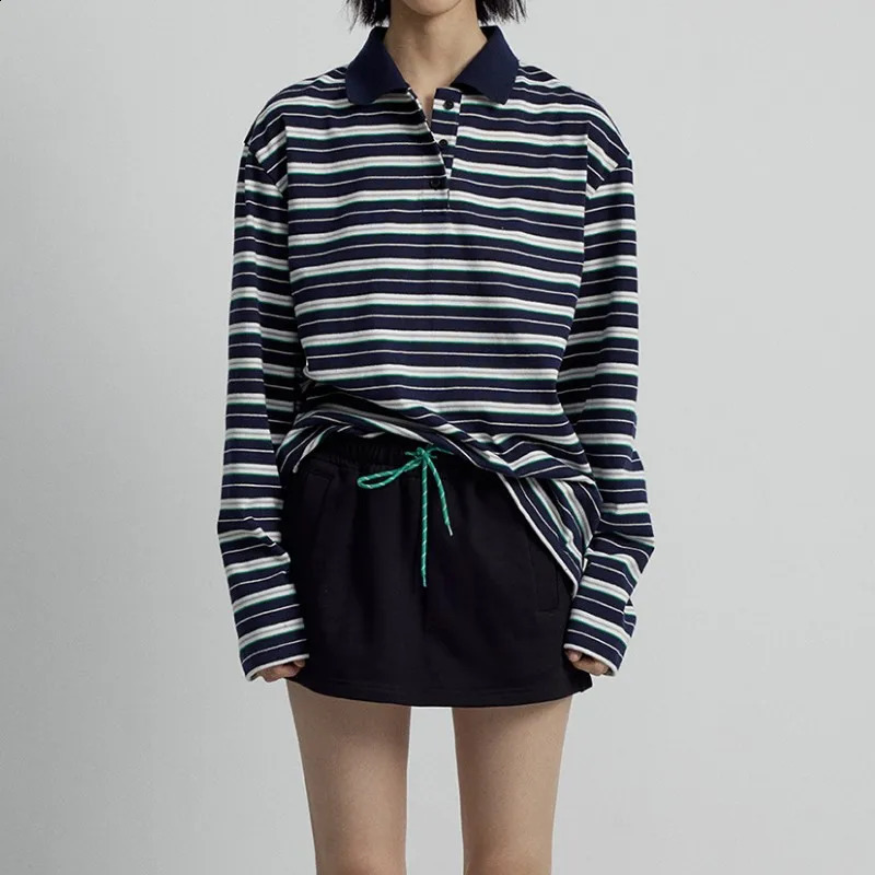 Retro classic contrasting striped floral long sleeved polo shirt 240827