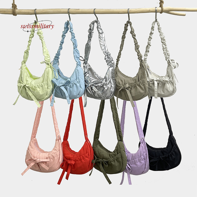 Swissmilitary Wrinkled bow girl's bag with versatile temperament, made of nylon fabric, designed for students to shoulder and armpit cross carry 