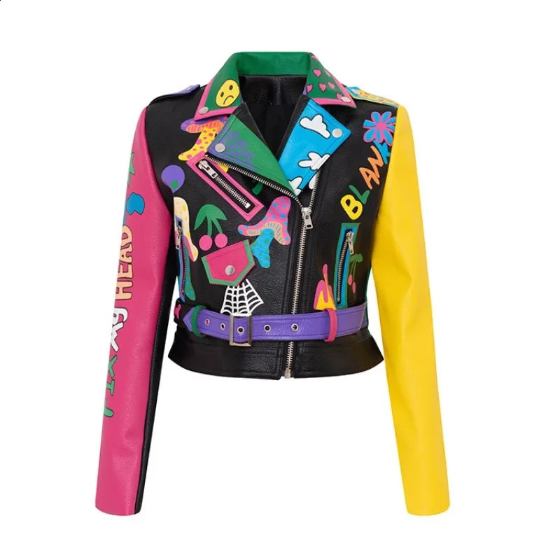 Leather Womens Short Graffiti Printed Small Coat Pu Jacket Korean Motorcycle Set Collar Leather 240827