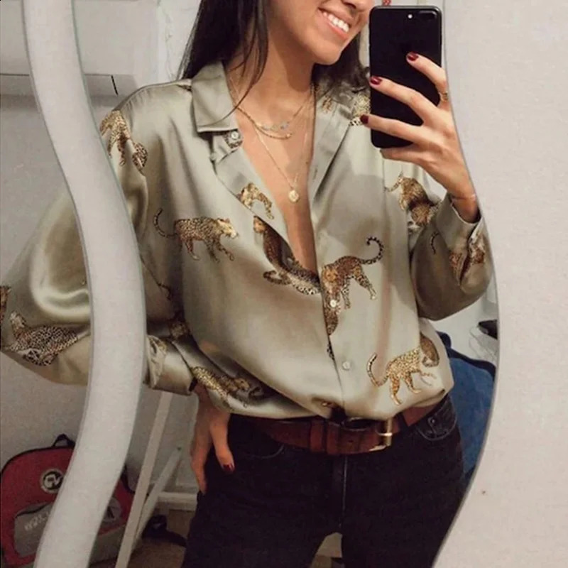 Womens animal print shirt satin effect long sleeved button tiger leopard shirt and blouse womens top 240828