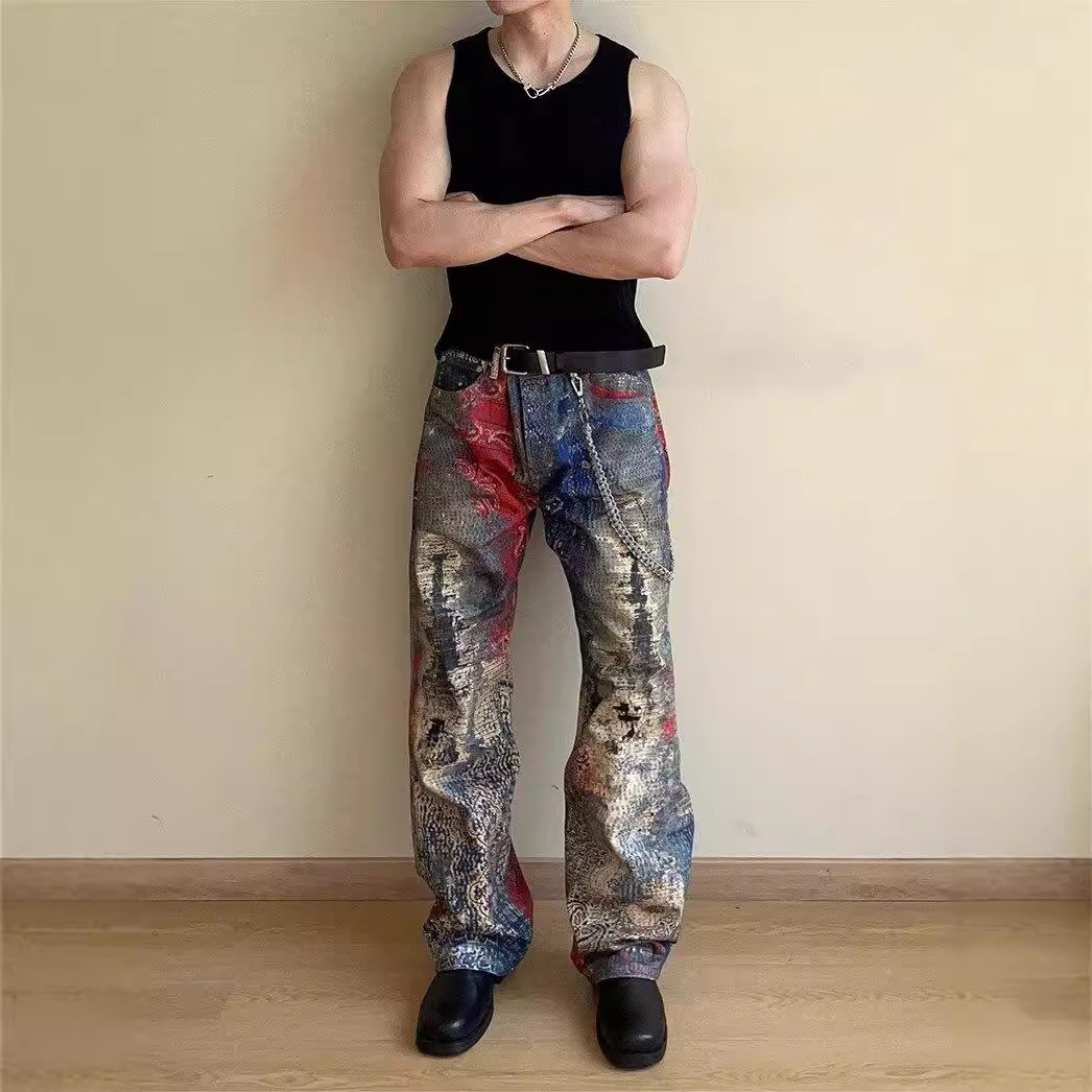 2025 S Fashion Designer Artistic Graffiti Print Jeans Unique Design High Quality Denim Hip Hop Trousers For Men