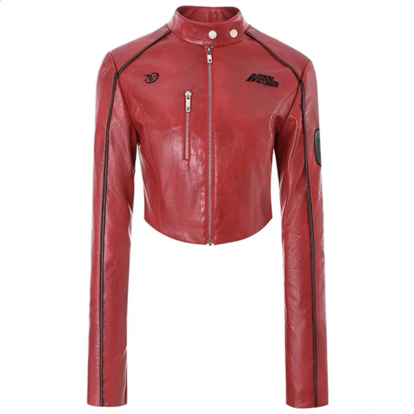 Womens artificial leather jacket with letter printing red short PU leather jacket autumn and winter womens casual street jacket outerwear outerwear 24