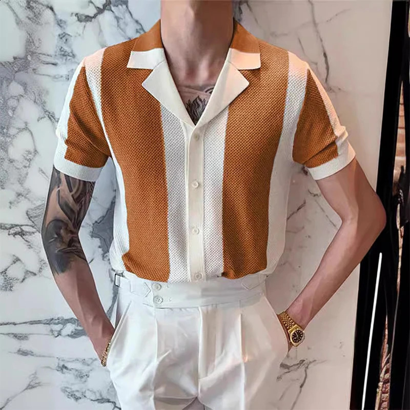 Mens Knit Shirt Striped Contrast Color Jacquard Knitted Tops Men Cardigans Summer Short Sleeve Buttoned Lapel Slim Shirts 240827
