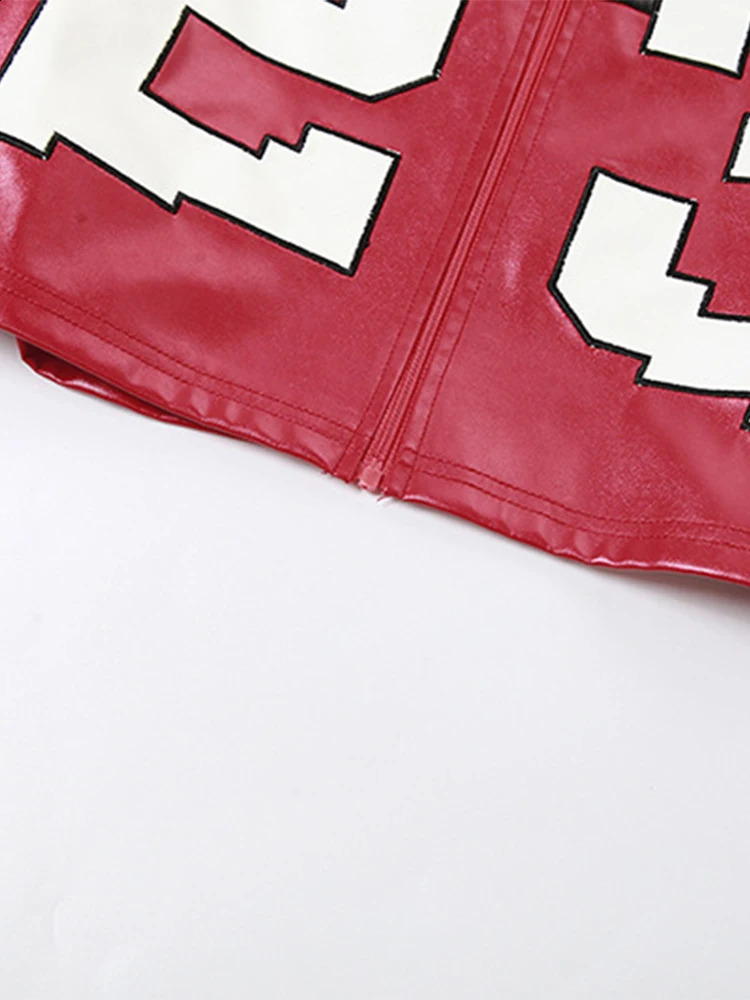 Fashion letter zipper Pu leather bomber jacket womens casual long sleeved cut jacket autumn womens motorcycle Y2k jacket 240827