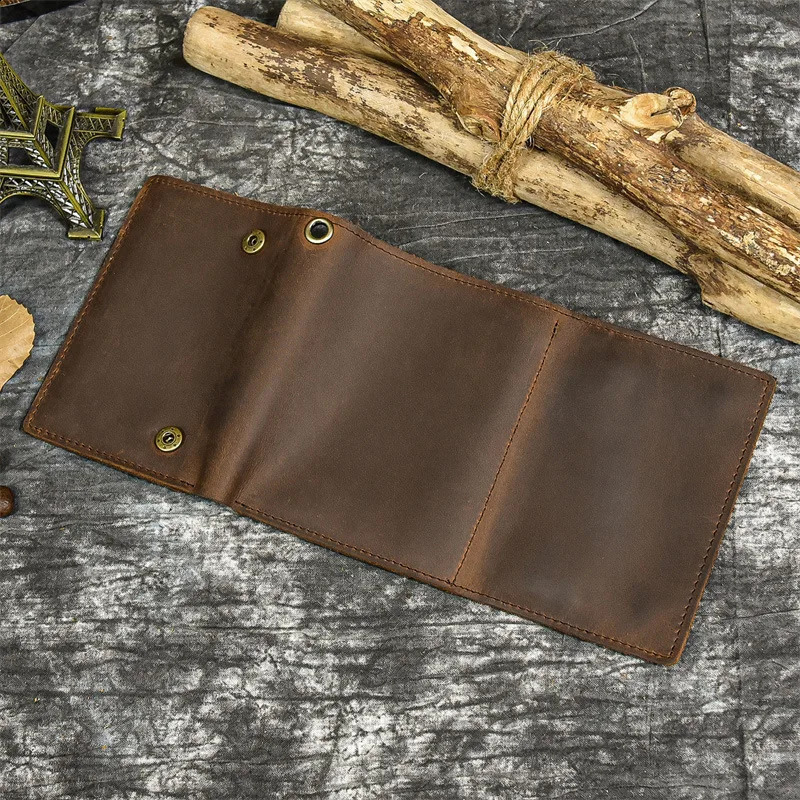 est er Wallet Men Men Genuine Leather Wallet Card Holder Short Purse Leather Wallet Iron Chain Trifold 240828