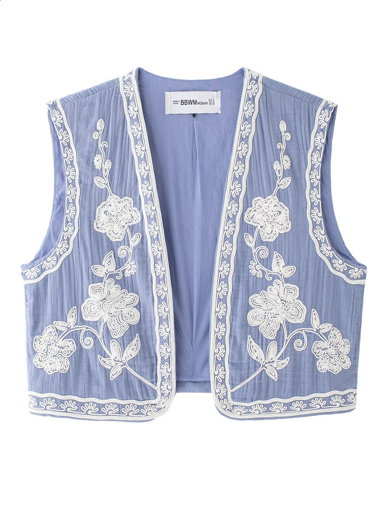 KAOPU ZA Womens Embroidered Open Coat Retro V-neck Sleeveless Womens Coat Fashion Tank Top 240828