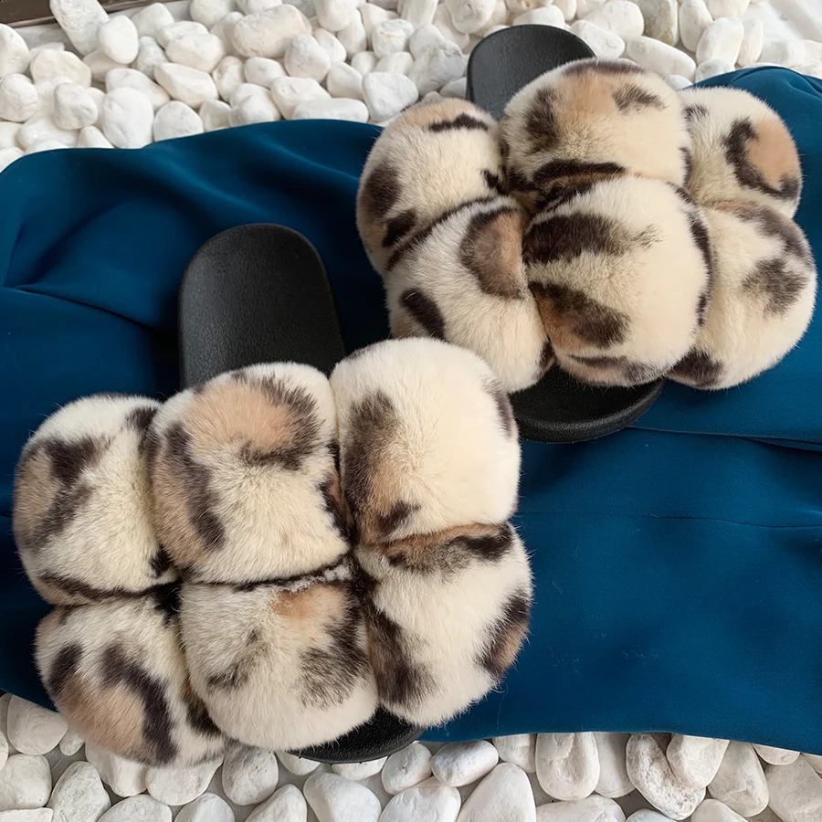 Pom fur slider womens fluffy slider fur sandals real rabbit fur slider fox fur slider multi-color customization 240827