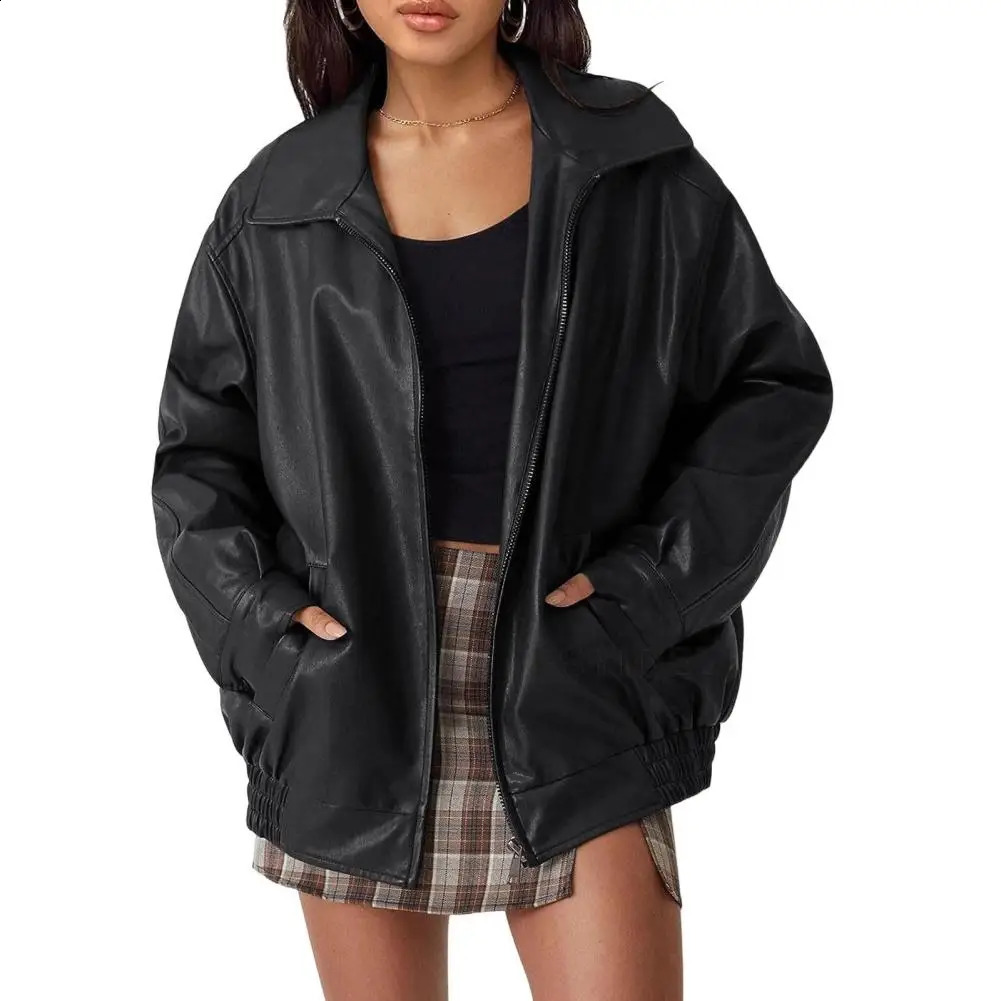 Womens artificial leather jacket casual zipper bomber motorcycle jacket outerwear fashionable autumn and winter clothing 240827