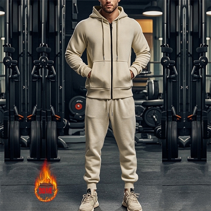 autumn and winter lightweight casual mens wool warm track clothing hooded zipper jacket and mens two-piece set 240827
