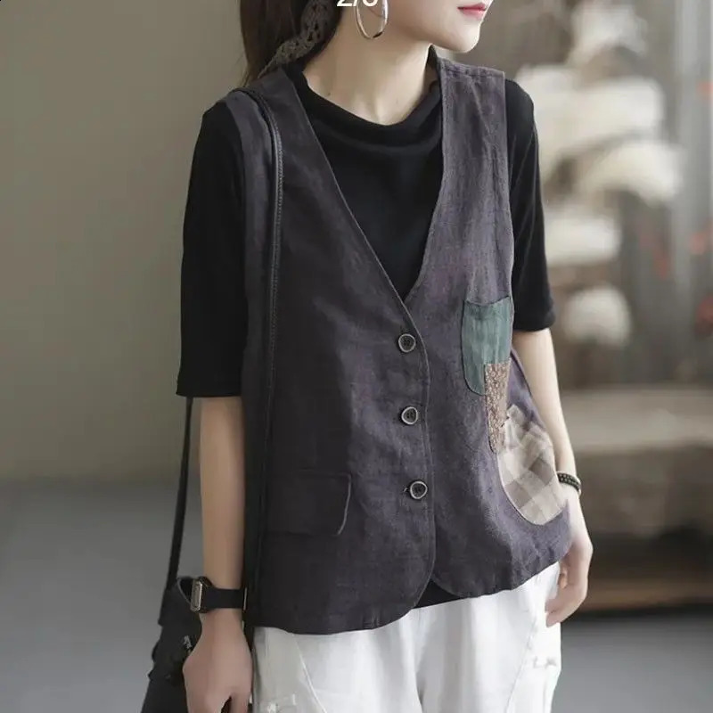 Summer womens cotton linen three pocket vest 240828