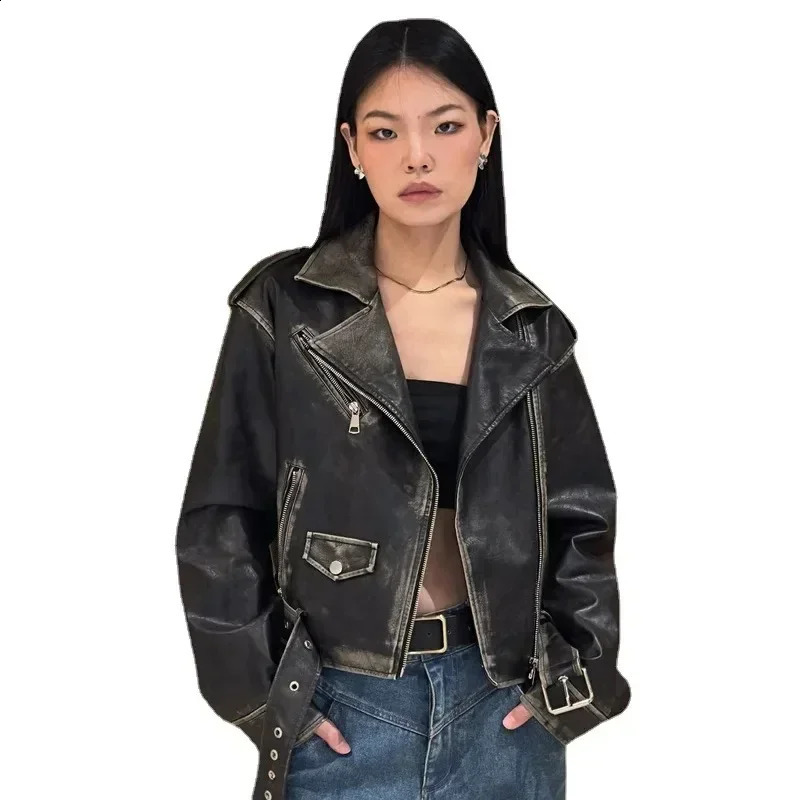 Womens streetwear vintage leather jacket retro bicycle jacket spring style womens fashion ultra-thin zipper short top gothic clothing jacket 240827