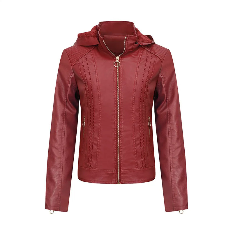 Maidangdi womens leather jacket with pleats slim hat suitable for large-sized fashionable leather jackets 240827