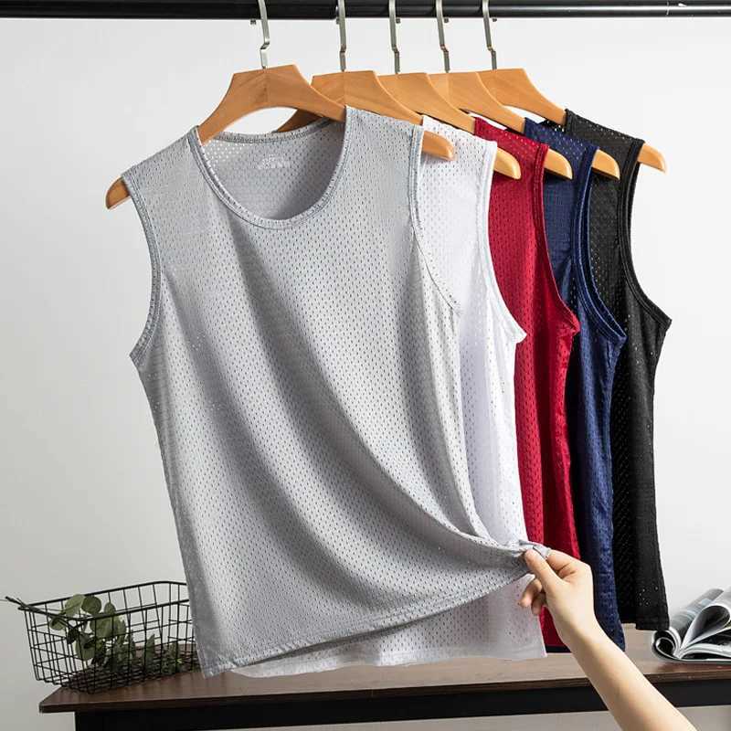 New mens ice silk top vest quick drying mesh breathable sleeveless T-shirt summer cool vest beach travel tankW240718