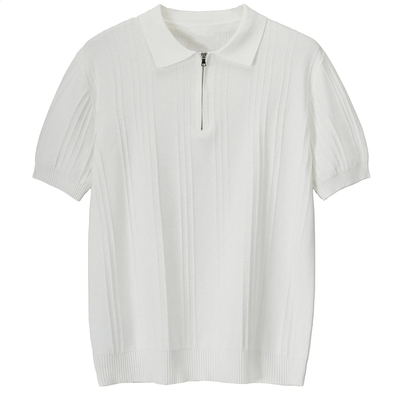 Italian style zipper short sleeved polo shirt British retro elegant jacquard lapel ribbed knit mens half sleeve 240828
