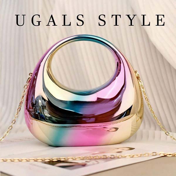 Women Gold Acrylic Crescent Half Moon Bags Personality Handbag Suitcase Makeup Dinner Clutch Round Handle PVC Wrist Bag