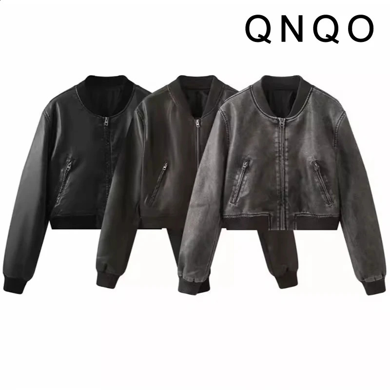 QNQO Womens Artificial Leather Jacket Zipper Fashion Casual Coat Autumn/Winter Street Clothing Fashion Long Sleeve Womens Jacket 240827