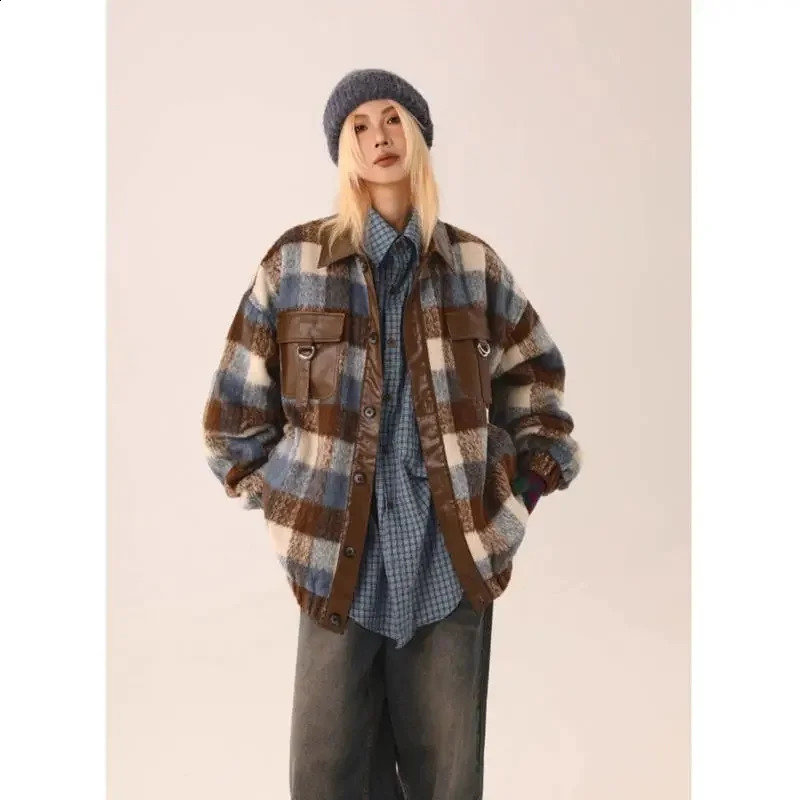 Spring/Summer American Checkered Wool Splicing Leather Jacket Womens Maillard Atmospheric Loose Jacket WS 240827
