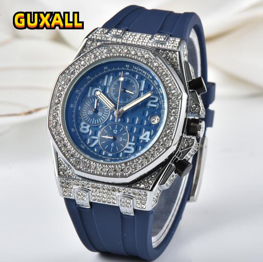 Lowest Price Automatic Date Men Watches Stopwatch Luxury Rubber Silicone Band Quartz Movement Clock High Quality ICE Out Hip Hop Wristwatch Accessories Gifts