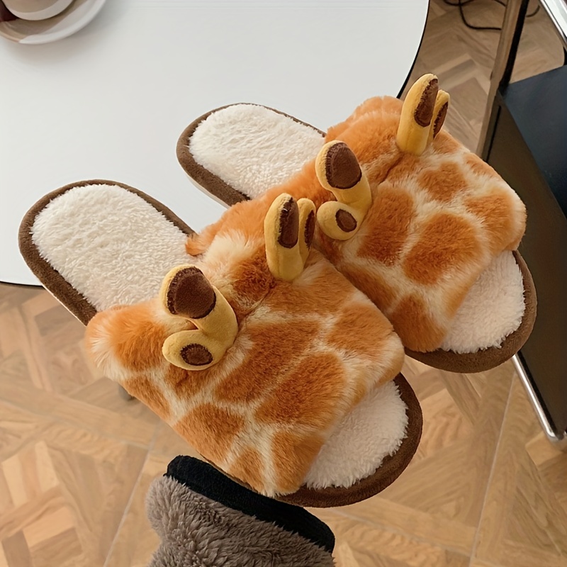Kawaii Cartoon Giraffe Plush Slippers - Soft Fabric Inner, Fluffy Open-Toe Design, Cozy Slip-On Shoes for Women - Casual Bedroom Slippers with PVC Sol