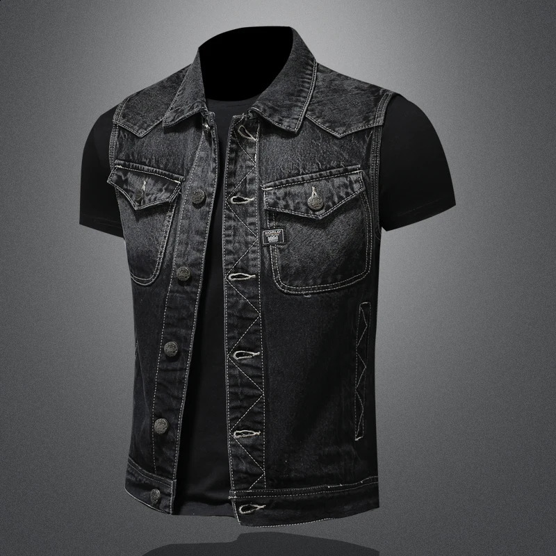 highend heavyduty motorcycle retro fashionable handsome guy with trend black gradient mens denim vest sleeveless S6XL 240827