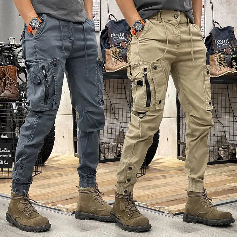 Military tactical cotton cargo pants mens elastic casual Trouser zipper multi pocket runner fashionable khaki black military green 240827