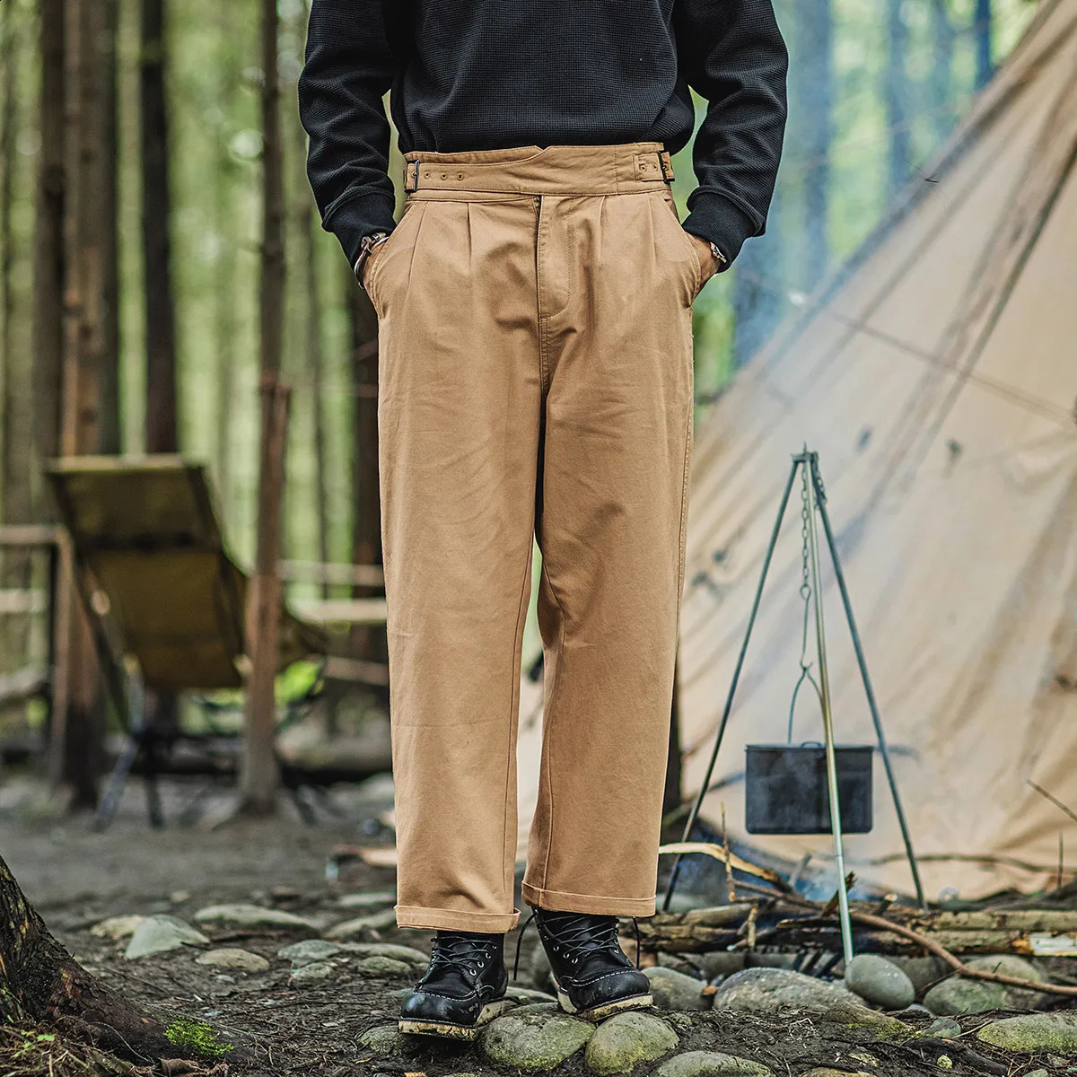 Mens World War II Gurkha pants loose straight high waisted military casual cargo pants Naples Spring and Autumn retro clothing 240828
