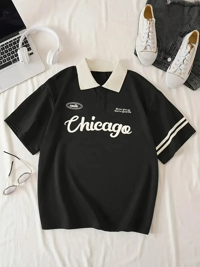 mens Chicago printed loose polo shirt fashionable short sleeved lapel sports Tshirt sportswear oversized unisex top 240828