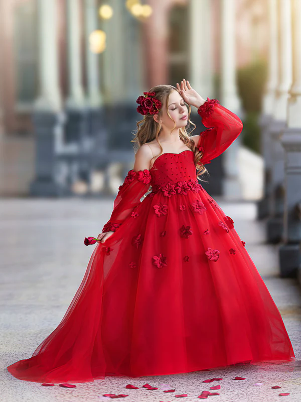 Princess Red Weddings Flower Girl Dresses Sheer Jewel Ball Gown Kids Birthday Party Gowns Off The Shoulder Formal Kid Dress