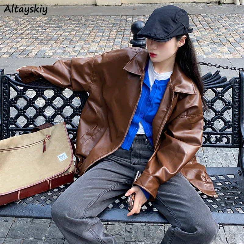 Womens BF style unisex PU fashionable bag fashionable jacket for couples autumn full matching solid retro casual minimalism Ulzzang 240827