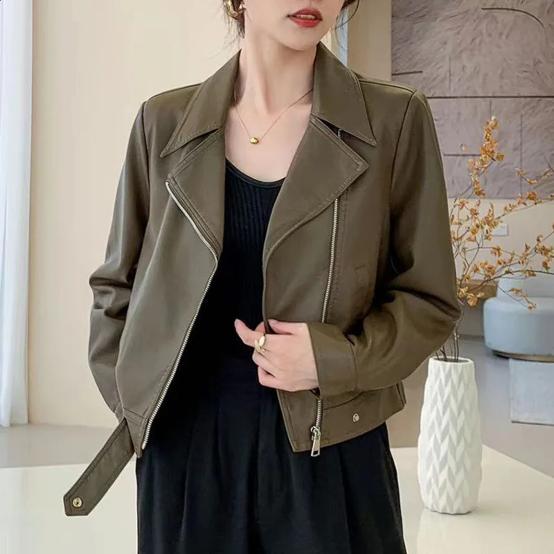 stand up collar zipper leather jacket motorcycle PU jacket womens autumn street long sleeved cut jacket jacket 240827